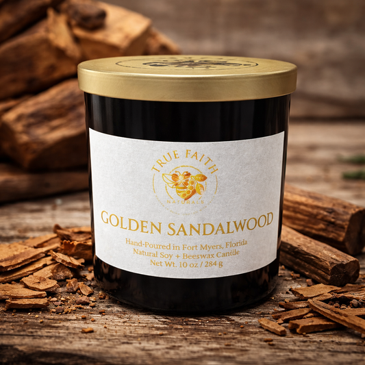 Golden Sandalwood Candle – Pure Collection | 10 oz Glossy Black Jar