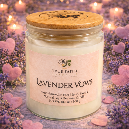 Candle jar labeled 'Lavender Vows' with a wooden lid on a background of lavender flowers and pink hearts.