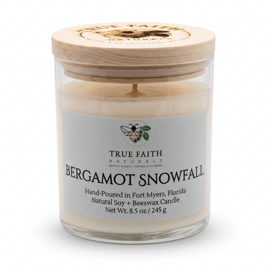 Bergamot Snowfall Christmas Candle – 7.7 oz Clear Jar - True Faith Naturals