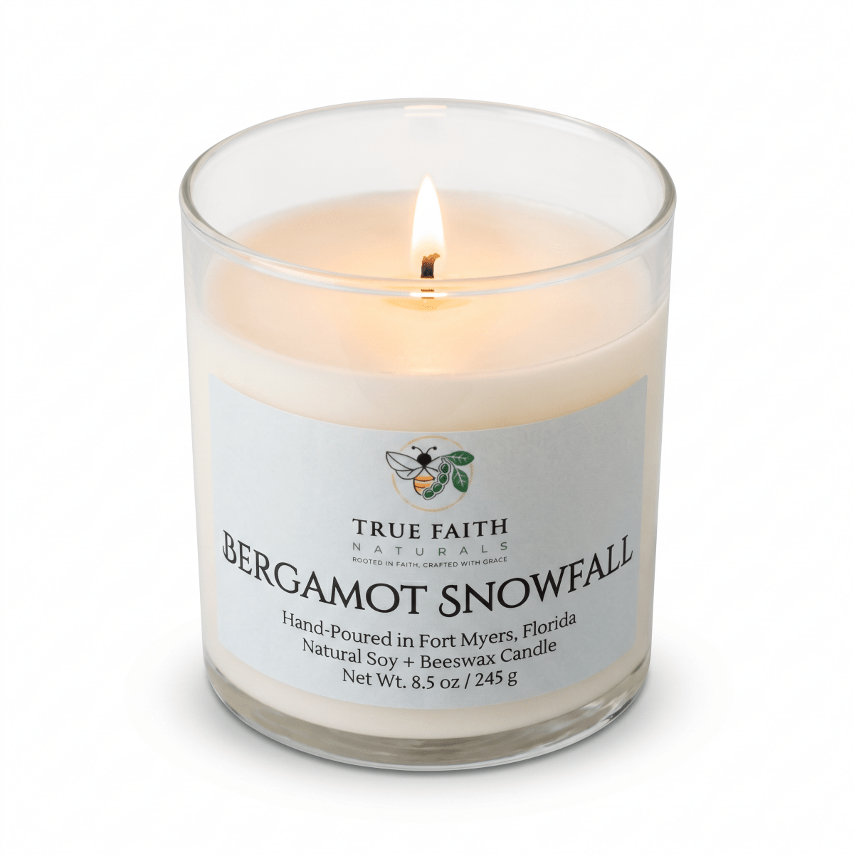 Bergamot Snowfall Christmas Candle – 7.7 oz Clear Jar - True Faith Naturals