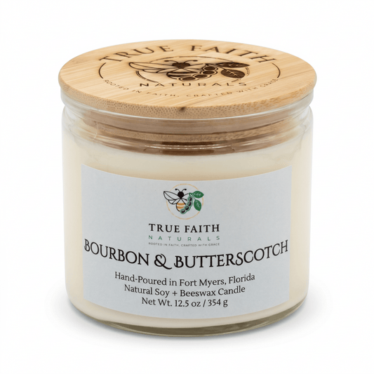 Bourbon & Butterscotch Christmas Candle – 12.5 oz Clear Jar - True Faith Naturals