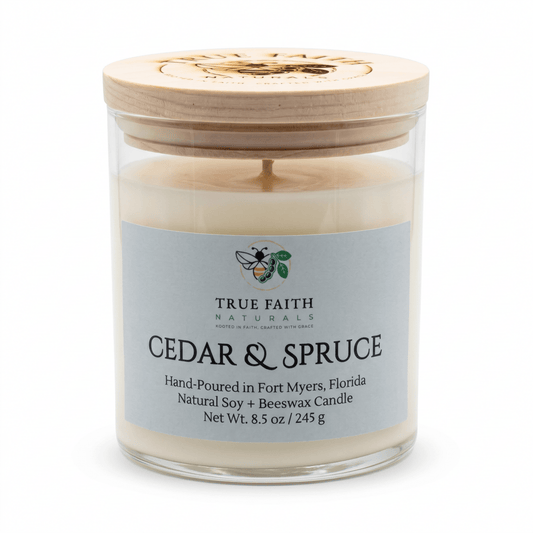 Cedar & Spruce Christmas Candle – 8.5 oz Clear Jar - True Faith Naturals