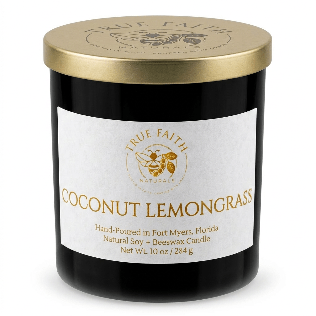 Coconut Lemongrass Candle – Pure Collection | 10 oz Glossy Black Jar - True Faith Naturals