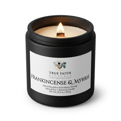 Frankincense & Myrrh Biblical Inspired Candle - 10.5 oz Matte Black Jar - True Faith Naturals