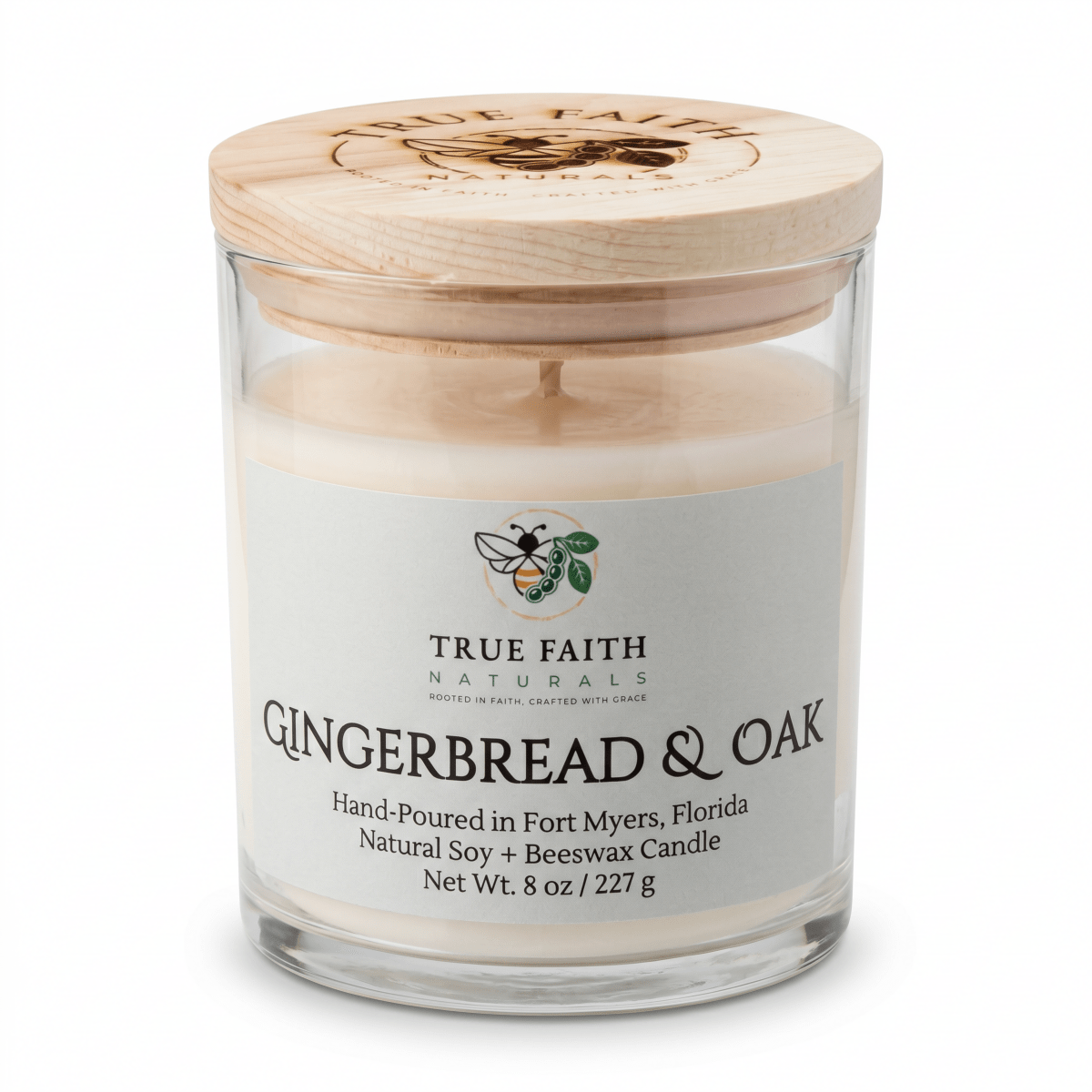 Gingerbread & Oak Christmas Candle – 8.5 oz Clear Jar - True Faith Naturals