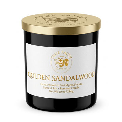 Golden Sandalwood Candle – Pure Collection | 10 oz Glossy Black Jar - True Faith Naturals