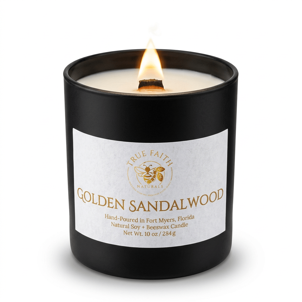 Golden Sandalwood Candle – Pure Collection | 10 oz Glossy Black Jar - True Faith Naturals