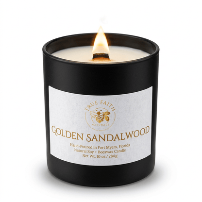 Golden Sandalwood Candle – Pure Collection | 10 oz Glossy Black Jar - True Faith Naturals