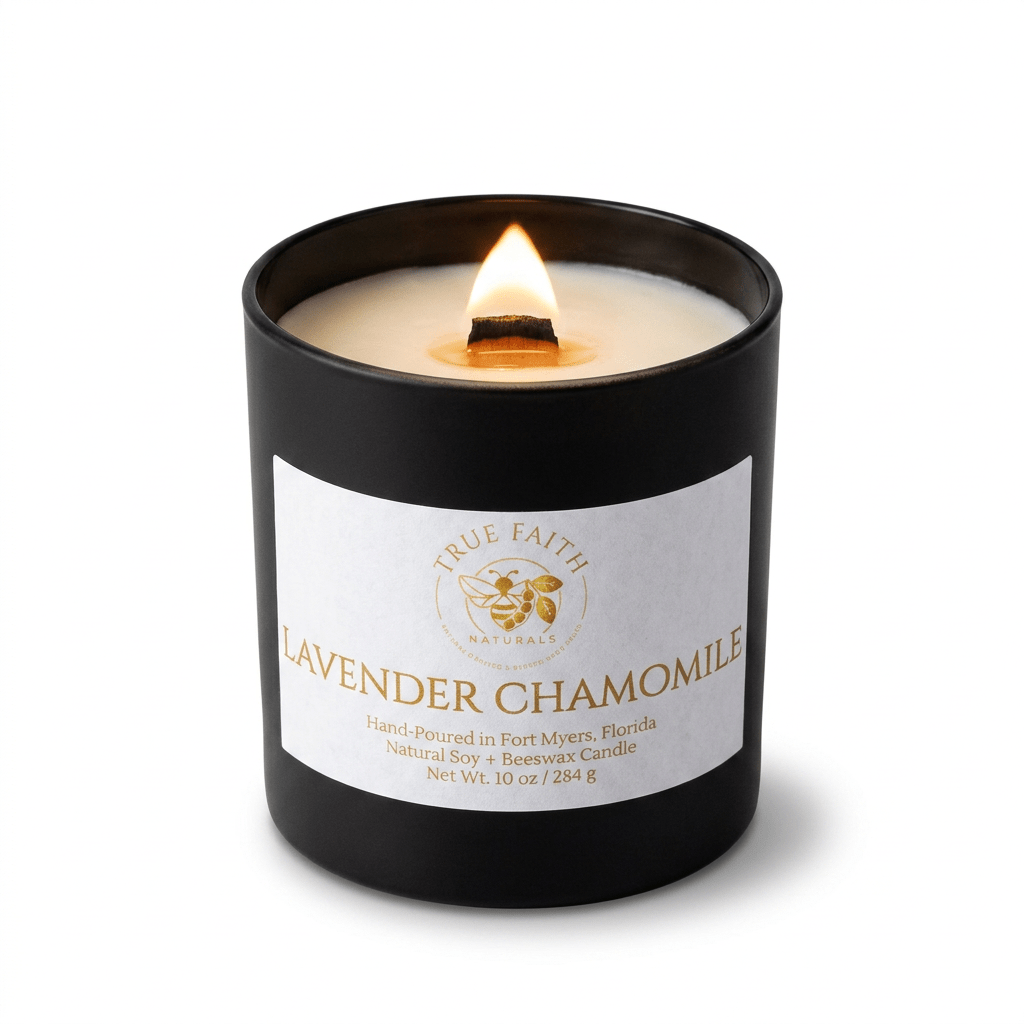 Lavender Chamomile Candle – Pure Collection | 10 oz Glossy Black Jar - True Faith Naturals