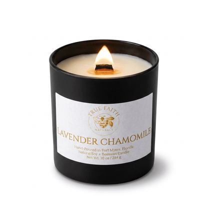 Lavender Chamomile Candle – Pure Collection | 10 oz Glossy Black Jar - True Faith Naturals
