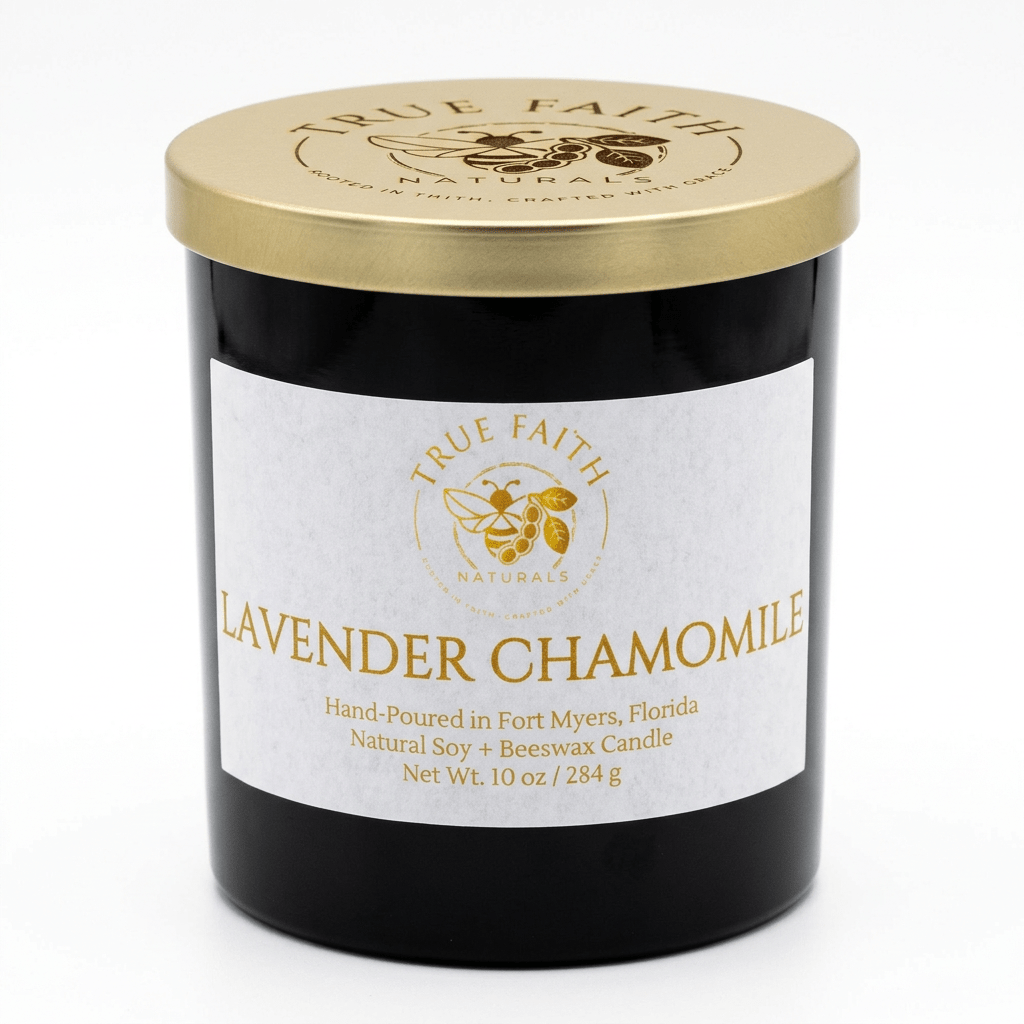 Lavender Chamomile Candle – Pure Collection | 10 oz Glossy Black Jar - True Faith Naturals