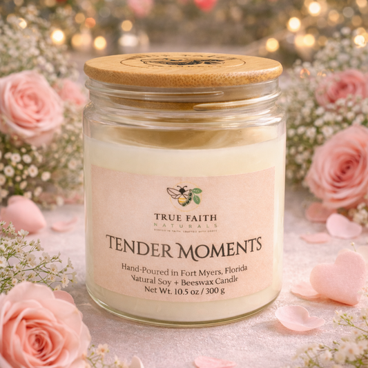 Candle jar labeled 'Tender Moments' by True Faith Candles with decorative flowers and lights in the background.
